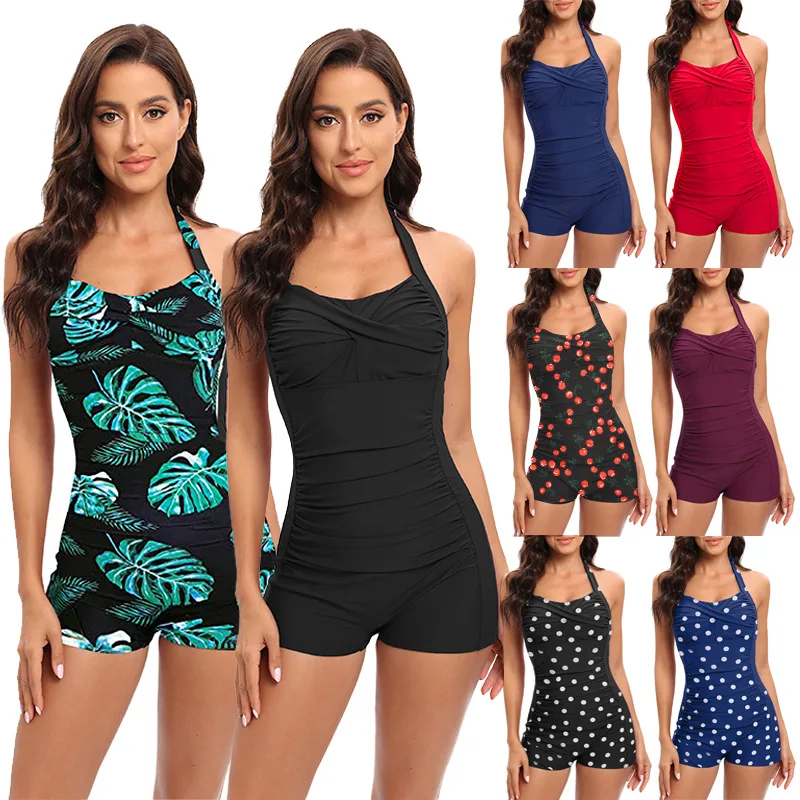 

Summer One-Piece Suits Women Sexy Ruched Plus Size Swimwear Female Halter Backless Casual Swimsuit Sleeveless Bathing Beachwear
