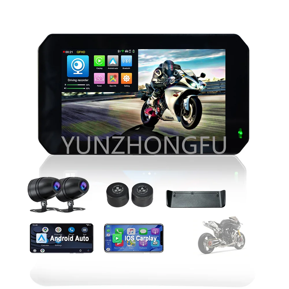 

SUNWAYI Portable Motorcycle TPMS Tire Pressure DVR Dual Camera 1080P Touch Screen BT Motorcycle GPS Wireless Carplay Android