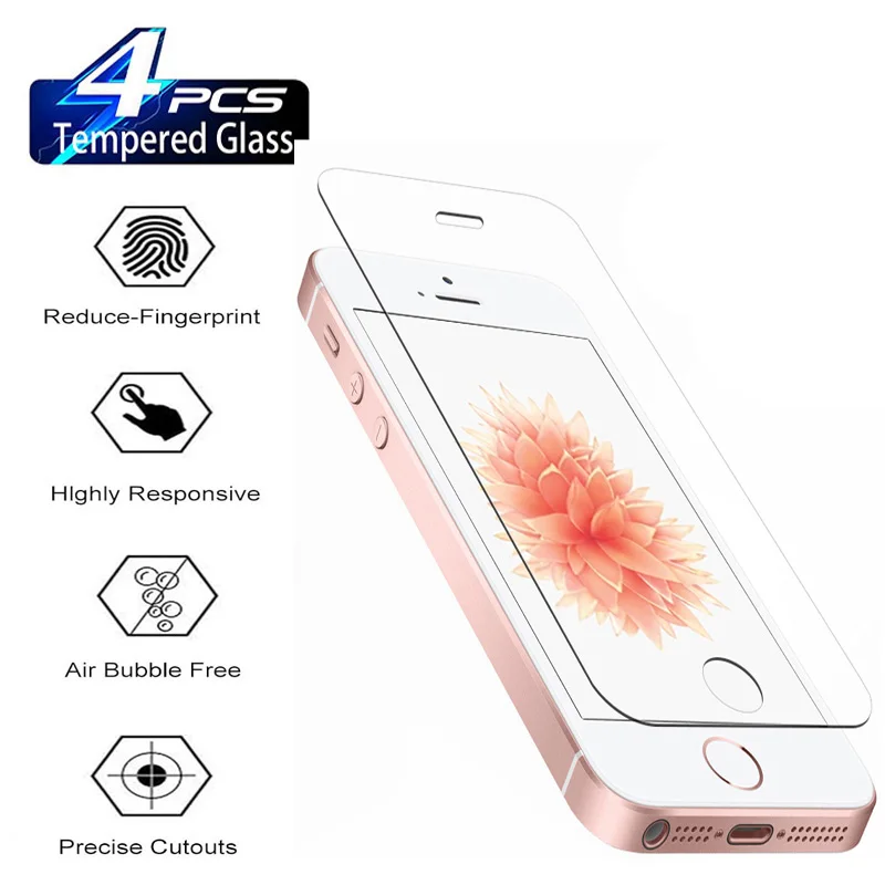 

4Pcs HD Tempered Glass For iPhone 5S 5 5C SE 2016 iPhone 6 6S 7 8 Screen Protector Glass