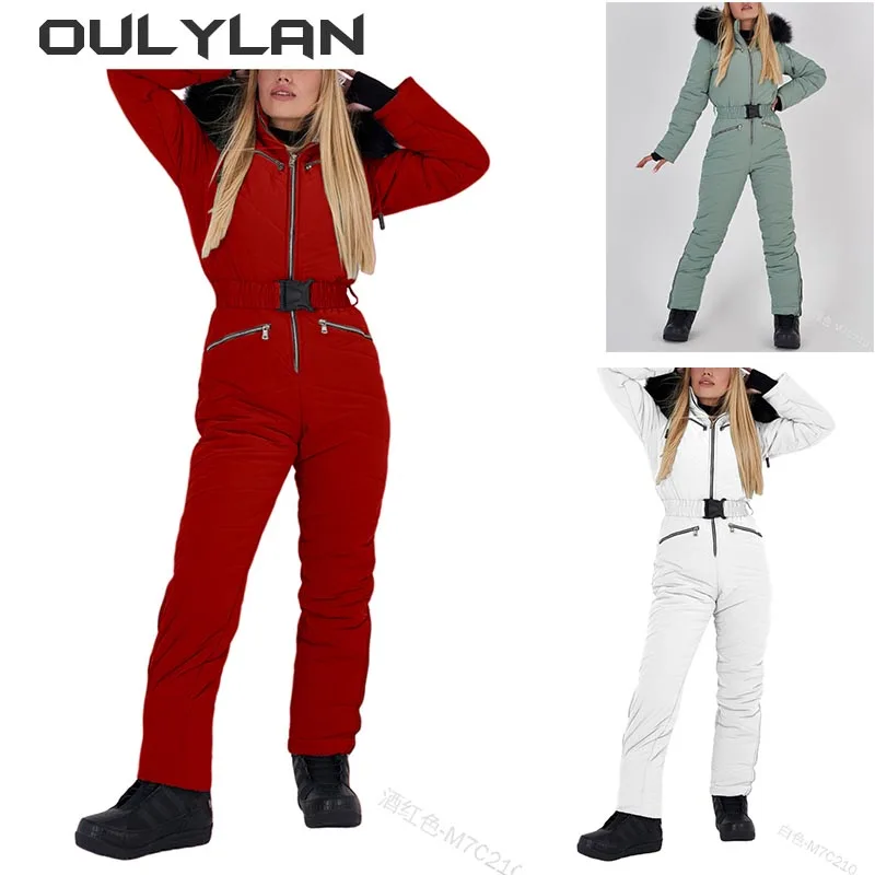 

Winter Hooded Ski Suit Jumpsuits Elegant Cotton Padded Warm Sashes Straight Zipper One Piece Women Casual Tracksuits