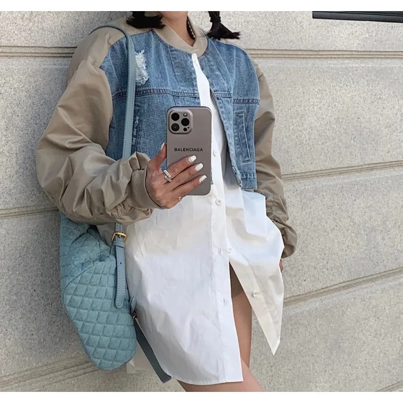 

SuperAen 2023 European Spring New Denim Spliced Shirt O Neck Jacket Korean Design Cardigan Coat Women