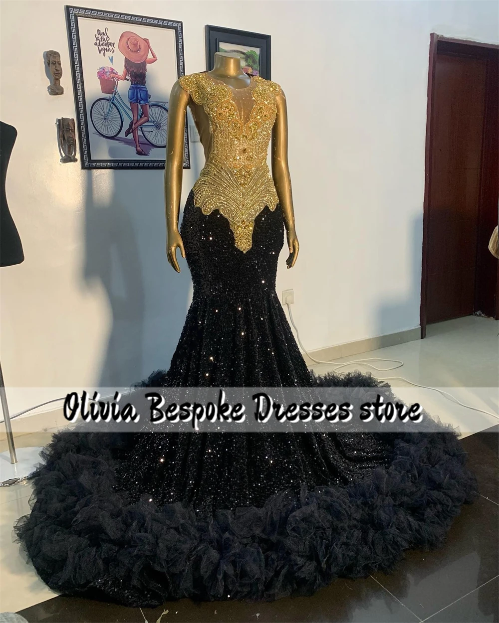 Birthday Prom Dresses Wedding Dress Black Tulle Ruched Gold Crystals Beaded Rhinestones Customized