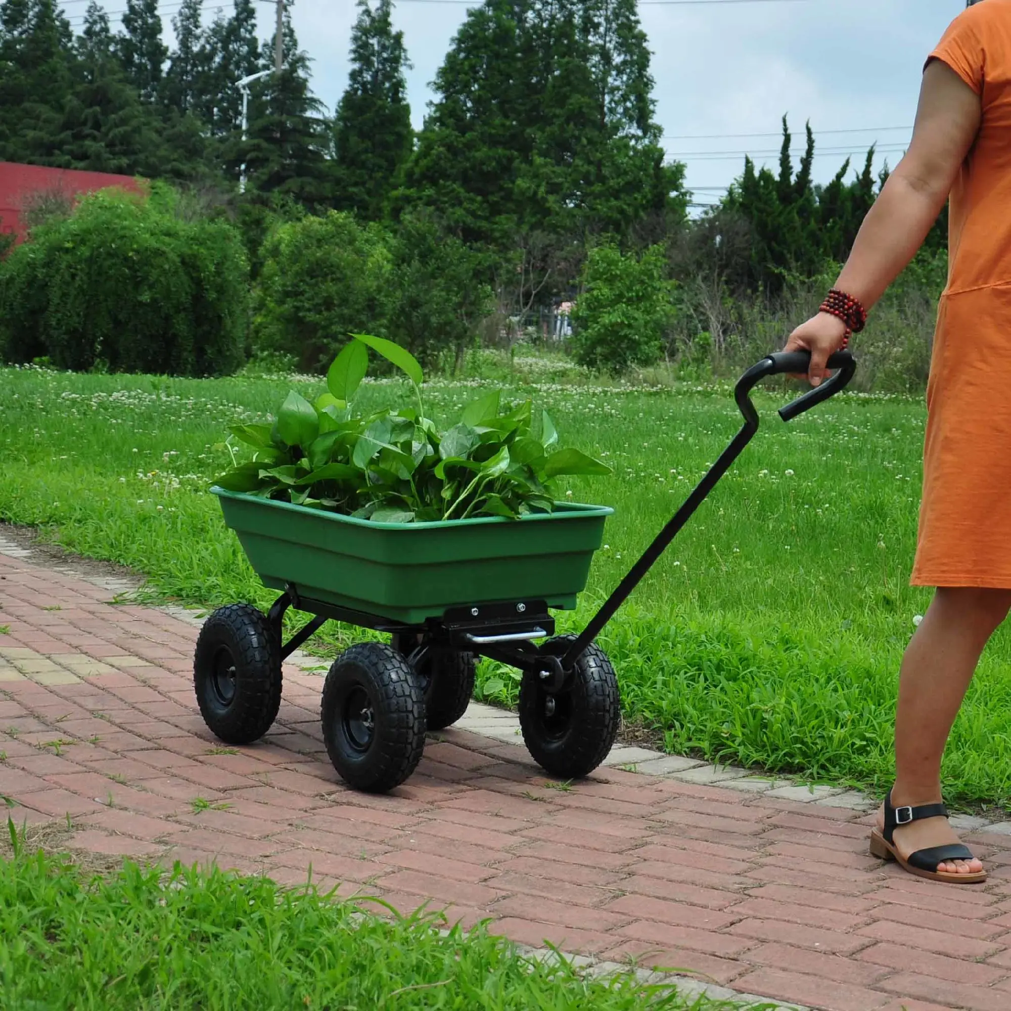 300 lb capacity body 55L Green Pneumatic tire, Folding car Poly Garden dump truck with steel frame, 10 inches.