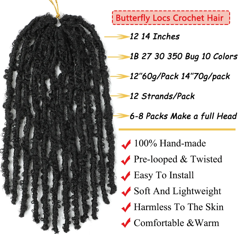 12 14 Inches Butterfly Locs Crochet Hair Pre-twisted Faux Locks Butterfly Crochet Braids Synthetic Short Soft Locks Crochet Hair 2
