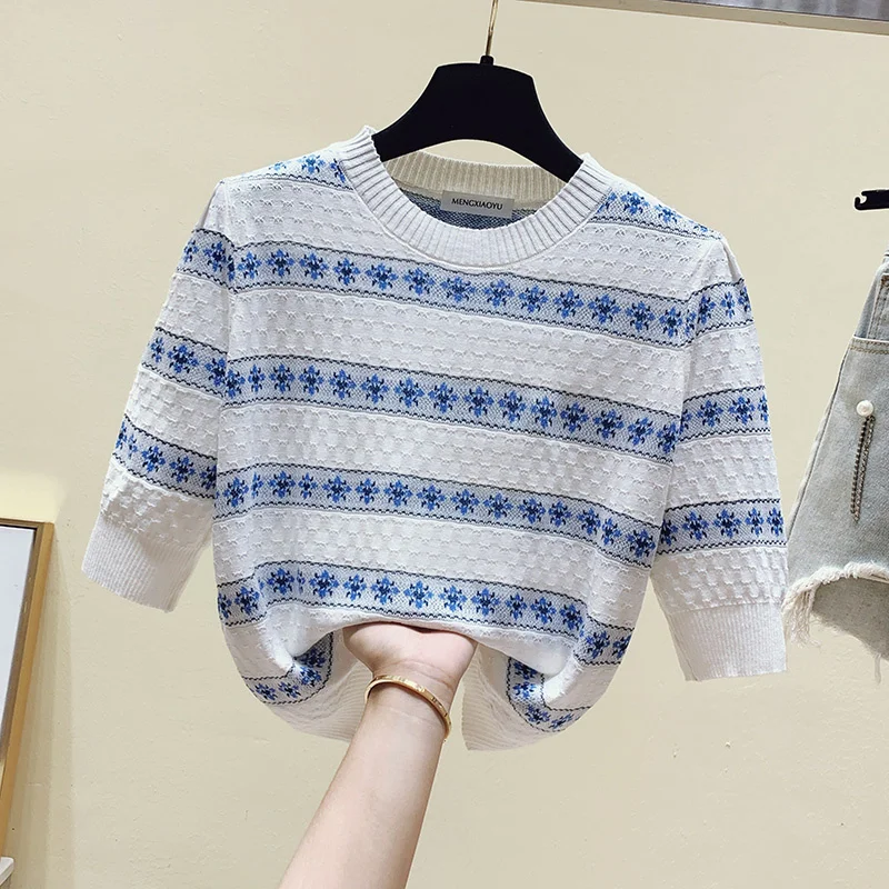 

New Striped Knitted T-shirts Women Summer short Sleeve Thin Print T Shirt O-Neck Crop Tops Femme Clothes Tees Casual Mujer pulls