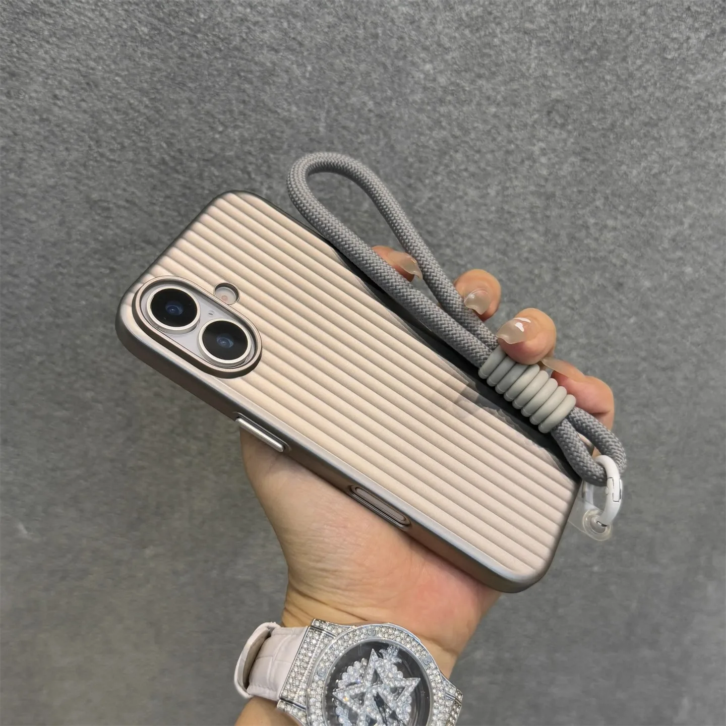 Luxury Titanium Gray Lanyard Phone Case with Metal Buttons and Grating Design