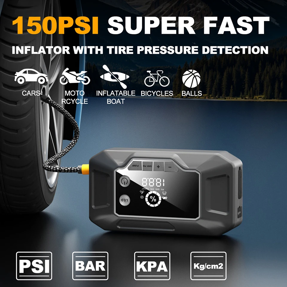 E-ACE150 PSI Fast Emergency Power Bank Car Clip Auto Igniter Jump Starter Tire Inflator Air Compressor USB Rechargeable