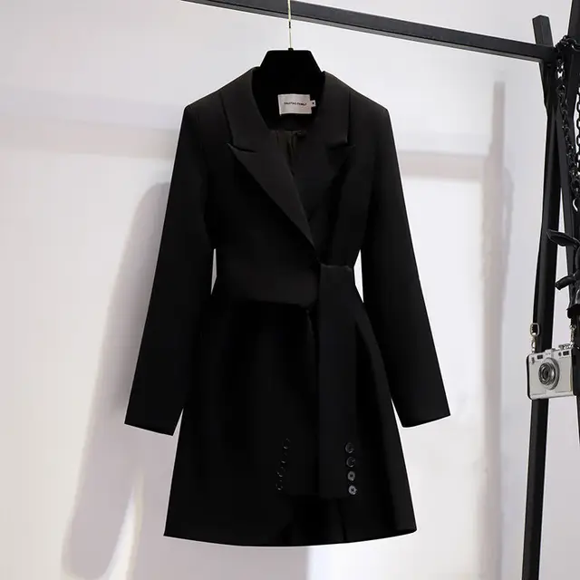 Spring new long sleeved trousers Lapel Leisure suit elegant button belt decorative women's coat pants two-piece set black coat