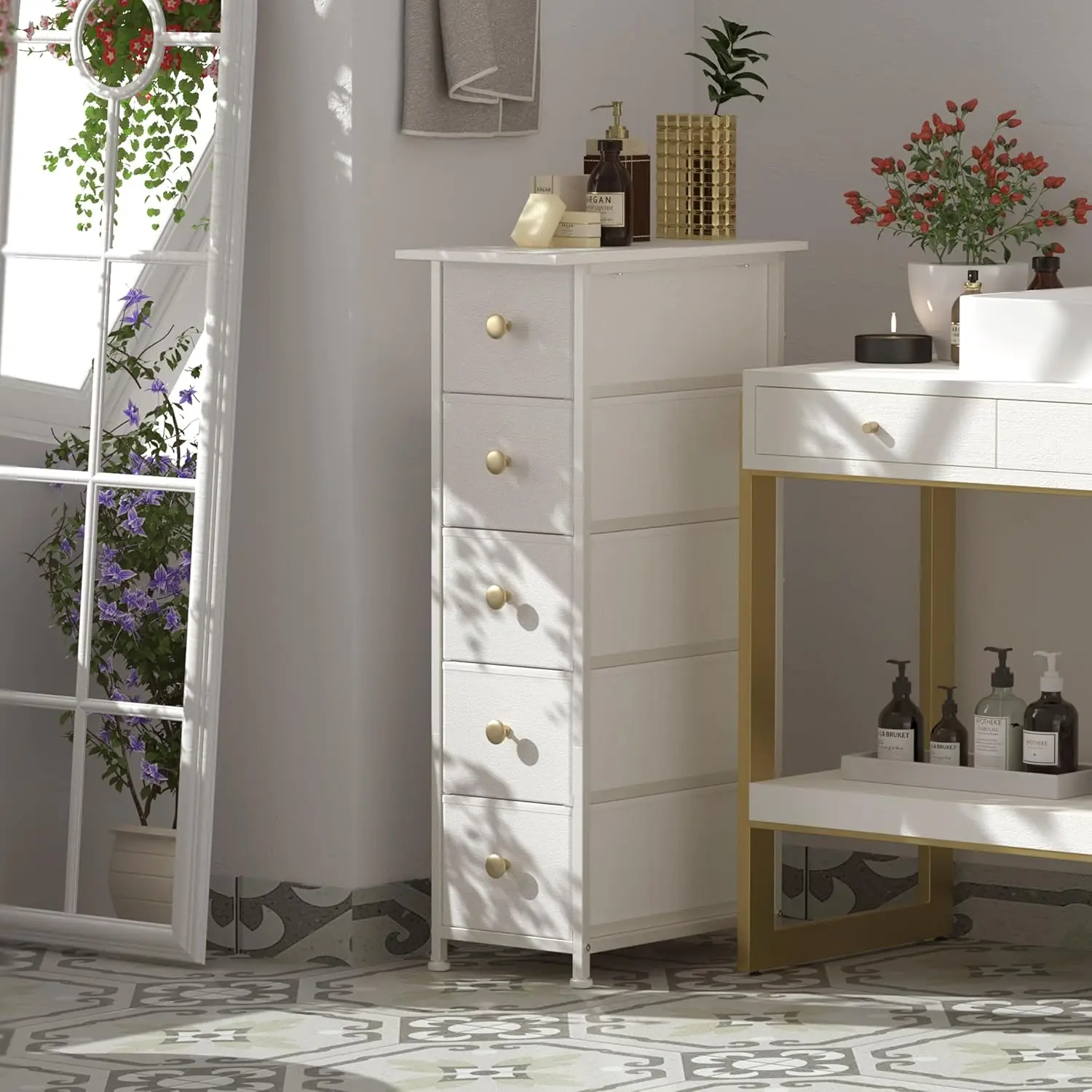 Narrow Dresser Cabinet. Slim Chest of Drawers. 5 Drawers. Fabric Unit. For Bedroom, Bathroom. White.
