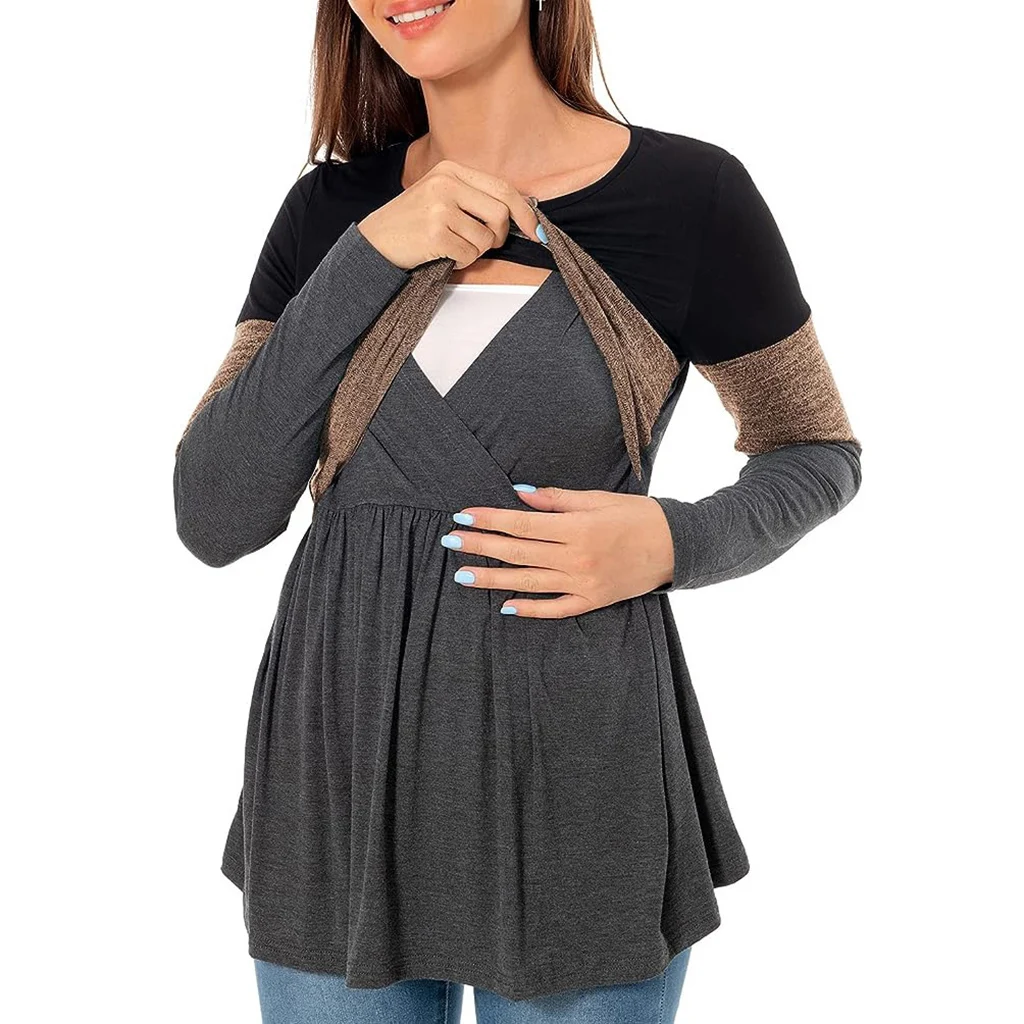 Maternity Nursing T Shirt Pregnant Womens Long Sleeve Patchwork Nursed Tops Blouse For Breastfeeding Pregnancy Clothes Pullover 3