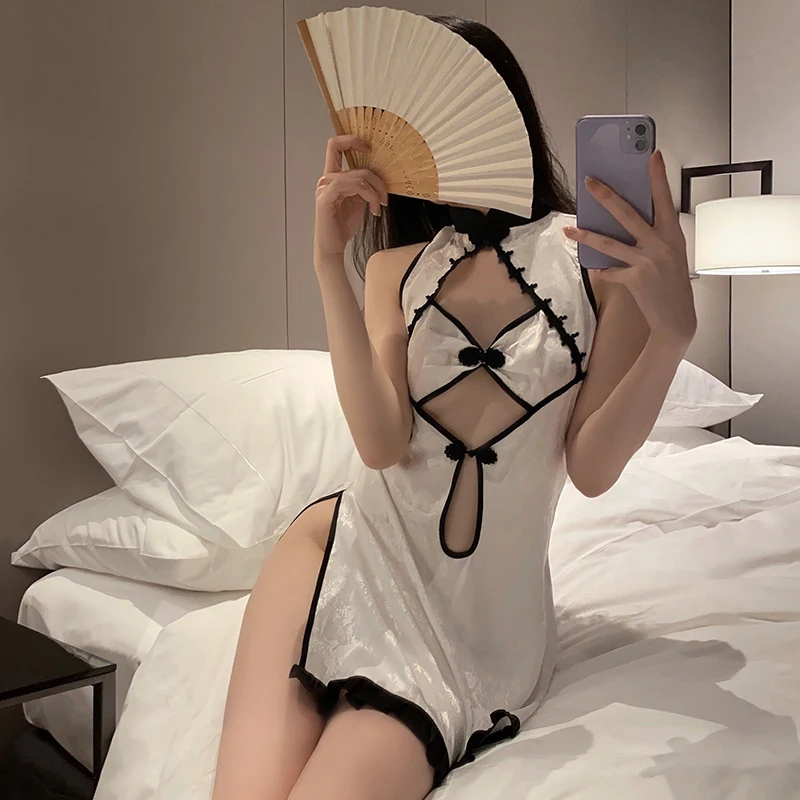 Sexy Mousse Ladies Summer Sexy Night Wear Hollow Seductive Slit Pajamas Retro Cheongsam Passionate Role-playing Uniform Set