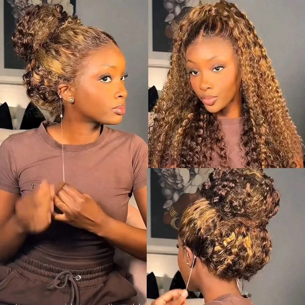 Highlight Ombre 13x4 5x5 Lace Front Wig 30 34 Inch Human Hair Wigs Honey Blonde Colored Water Deep Wave Frontal Wigs For Women 5