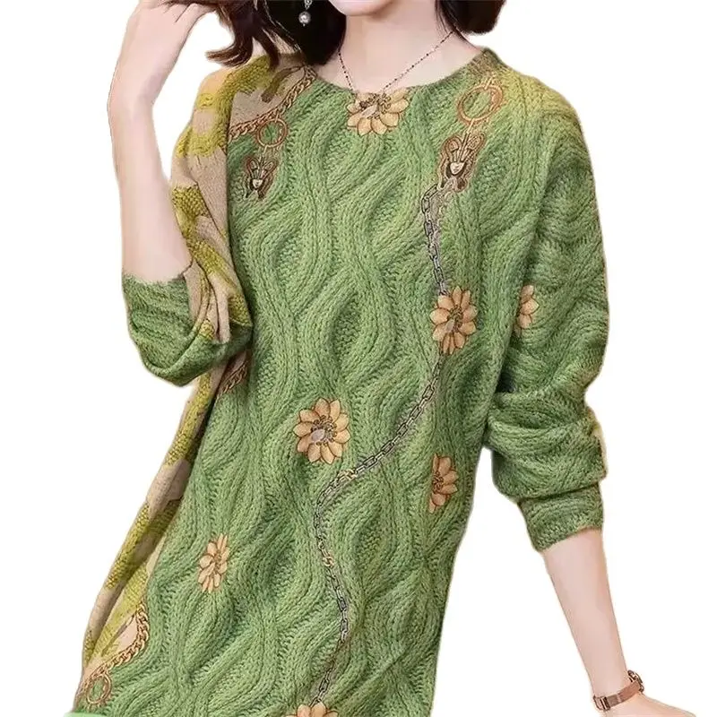 

Fashion Design Women's Sweaters Autumn Winter Imitation Mink Fleece Knitted Sweater Pullover Vintage Print Knitwear Female