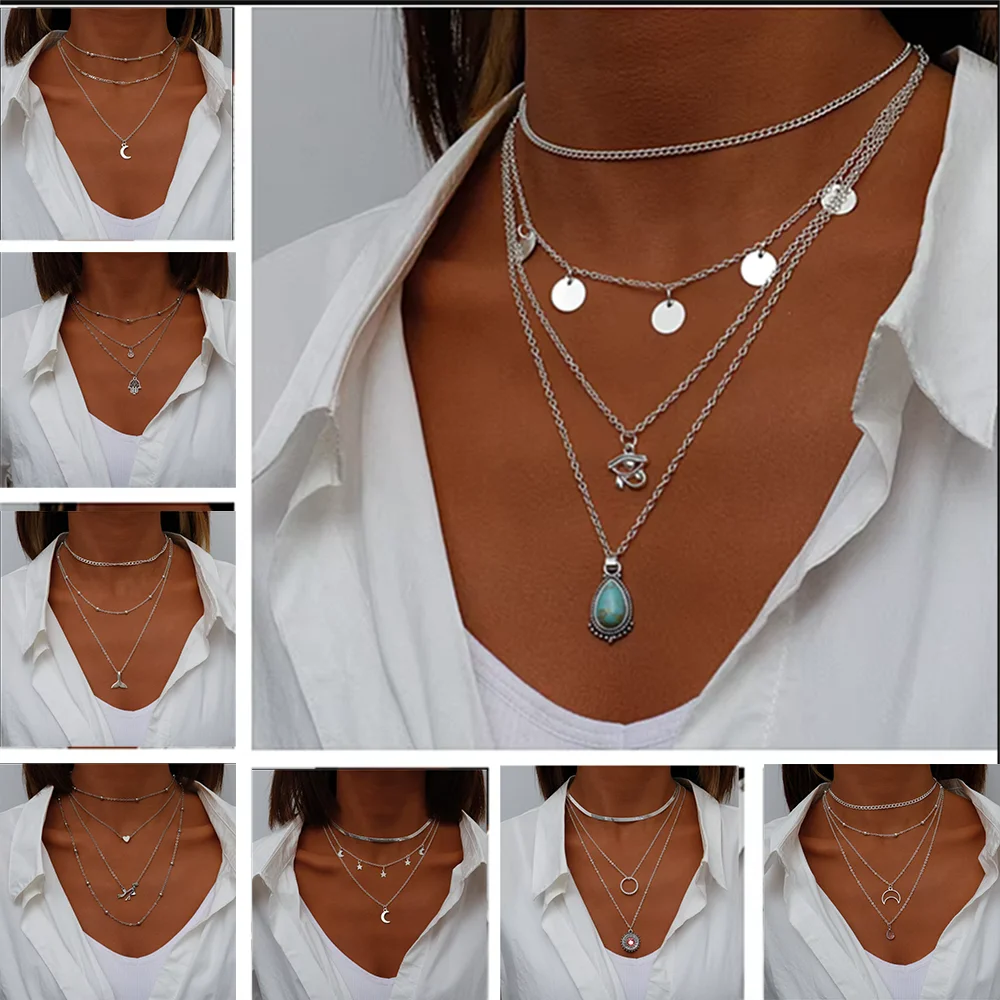 Vintage Mehrschichtige Mond-Münzen-Hamsa-Hand-Kettenhalsketten für Frauen, Boho Elefanten-Herzen-Anhänger Halsketten Schmuck