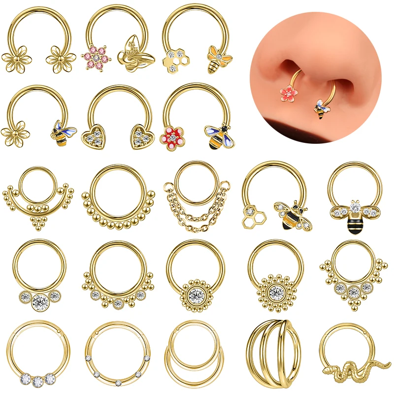 

ZS 16G Heart Flower Septum Piercng Ring Women Gold Color Nose Ring Jewelry Stainless Steel Bee Helix Conch Zircon Earring Bee