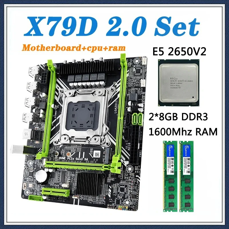 Motherboard Kit Grupo Lga 2011 Intel Xeon e5 2650 v2 2×8 = 16g Memória Ddr3 1600 Ecc Combo Servidor Nvme Sata X79d 2.0
