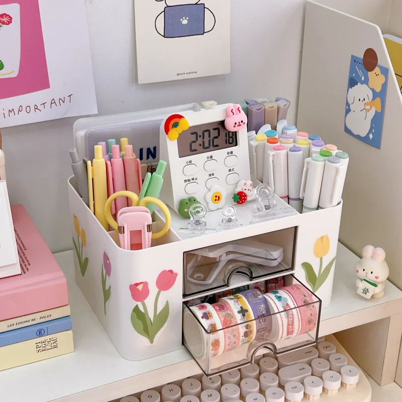 Ins Desktop Pen Holder Stationery Storage Box with Drawer Container Office School Supplies Kawaii Desk Accessories Pens Holder