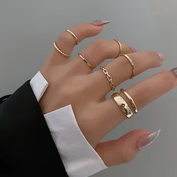 LATS 7pcs Fashion Jewelry Rings Set Hot Selling Metal Hollow Round Opening Women Finger Ring