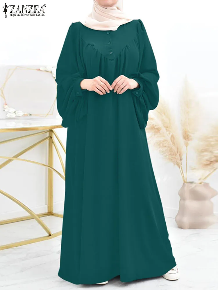 

ZANZEA Fashion Ramadan Turkey Muslim Dress Robe Femme Solid Abaya Hijab Islamic Cloth Women Lantern Sleeve Solid Loose Sundress