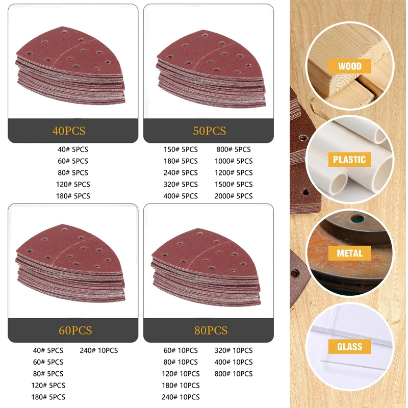 50-Pack Mouse Sander Sandpaper - 60 Grit Hook & Loop Pads With 11 Holes For Detail Sanding