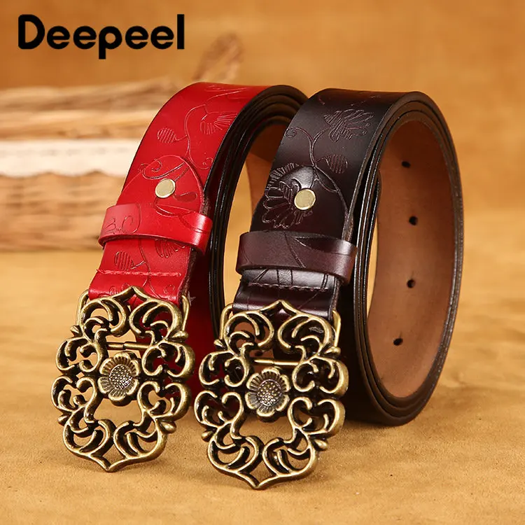 

Deepeel 3.2*110cm 2nd Layer Cowhide Women's Belt Vintage Leather Pin Buckle Wide Female Belts Luxury Corset Embossing Waistband