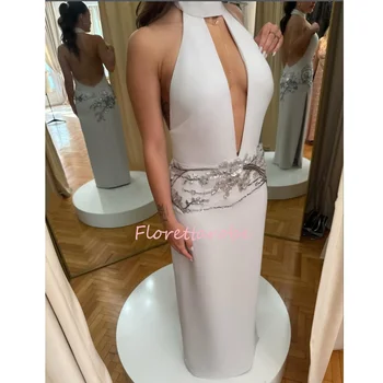 Abiti Eleganti da Madre della Sposa con Collo Halter, Vestito Lungo da Cerimonia con Perline, Senza Maniche, Personalizzabile