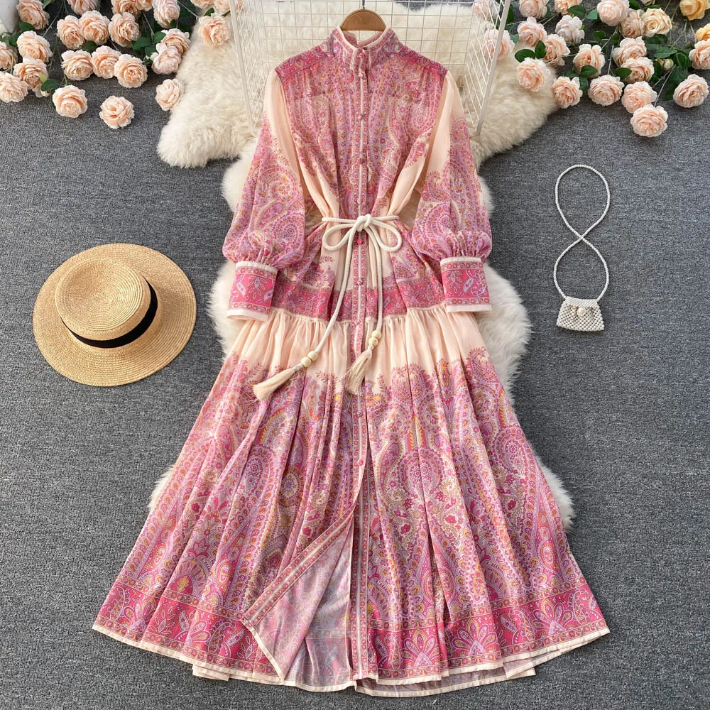 

Early Spring New Design Sense Stand Collar Lantern Sleeve Printed Dress Women's Loose Long Skirt