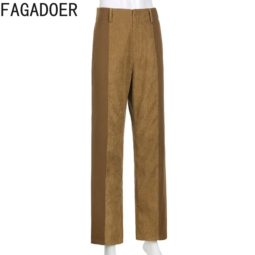 FAGADOER Autumn Casual Corduroy Splicing Straight Pants Women Elastic High Waisted Loose Trousers Fashion Female Solid Bottoms