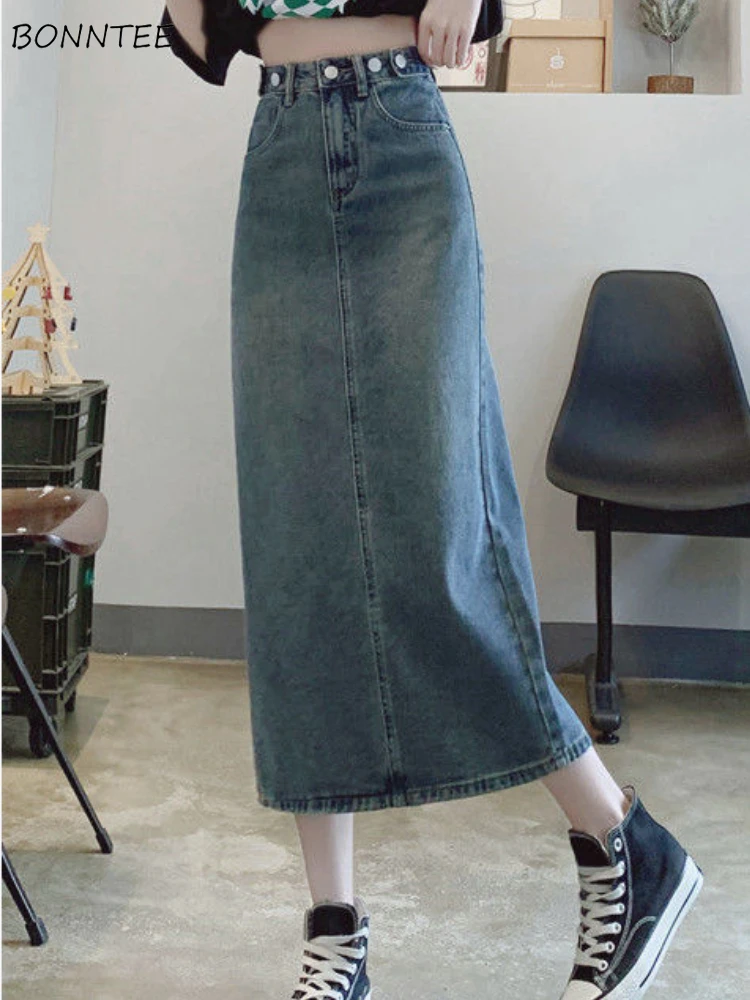 

Skirts Women Leisure Summer A-line All-match Empire Retro Student Simple Comfortable Denim Fashion Korean Style Pockets Elegant