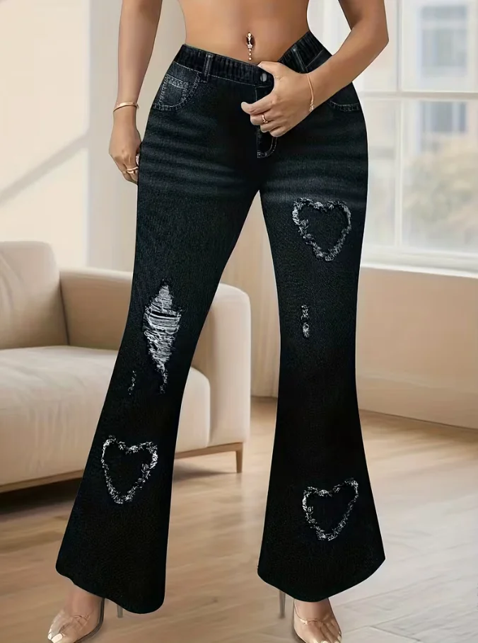 Retro Plus Size Flare Pants, Y2K Heart Print Bell Bottom Leggings, High Waist Stretchy Chic Trousers for Streetwear 3