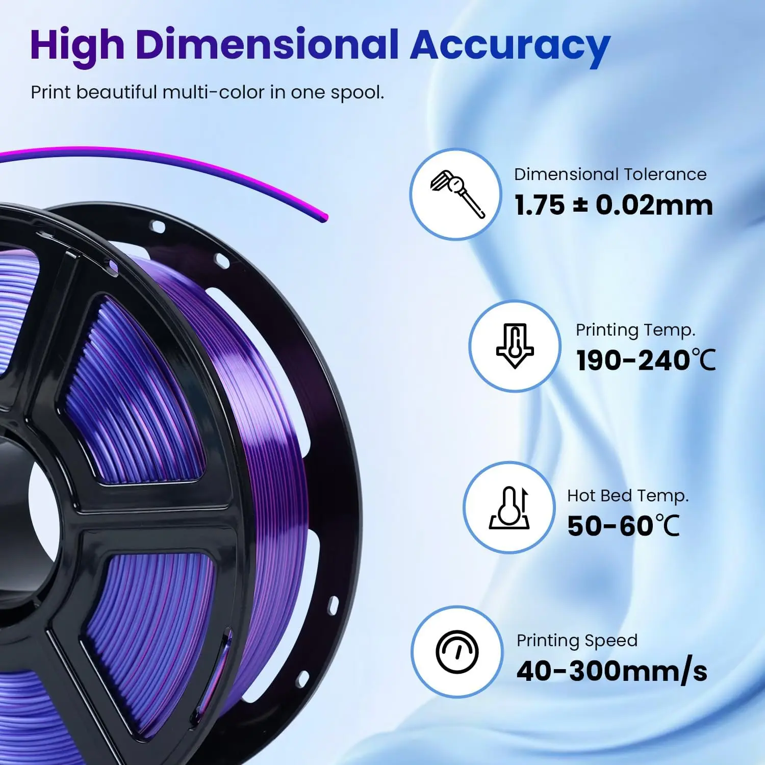 실크 PLA 필라멘트 1.75mm, 3D 프린터 필라멘트 이중 색상 공압출 필라멘트 PLA, 250g, 실크 블루 퍼플