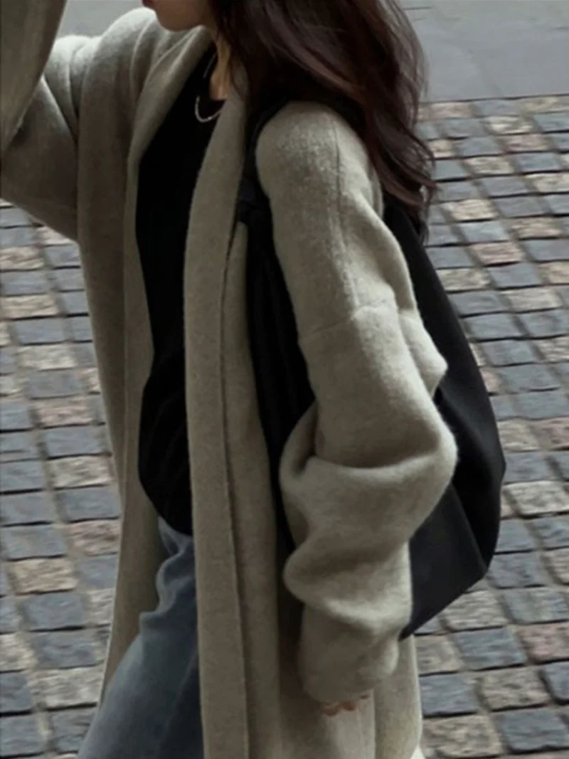 

Vintage Gray Mid-length Women Coat Streetwear Premium Outerwear Cardigan Coat 2023 Fashion Korean Casual Solid Color Coat Women