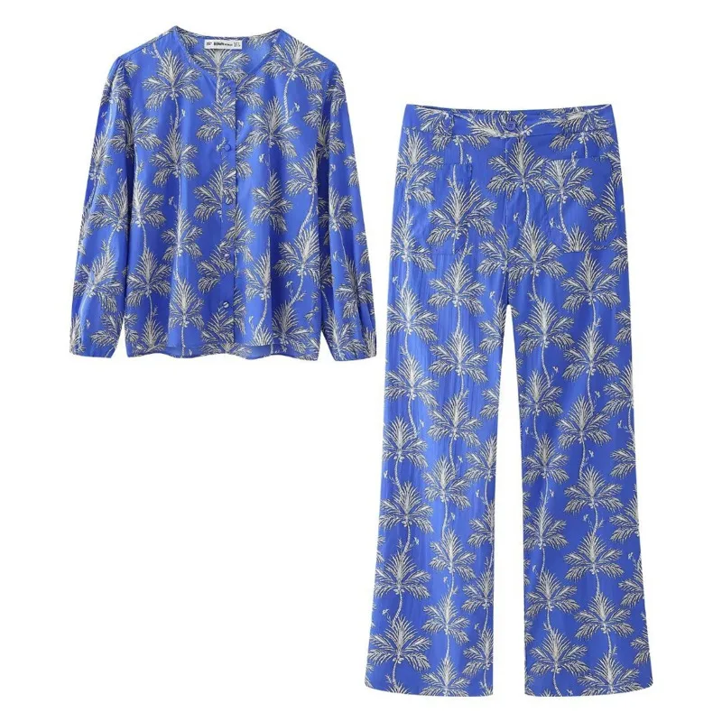 Women's Plant Printed Pants Suits Casual Fashion Street Style O-Neck Long Sleeve Button Shirt Mid Waist Straight Leg Pants Sets