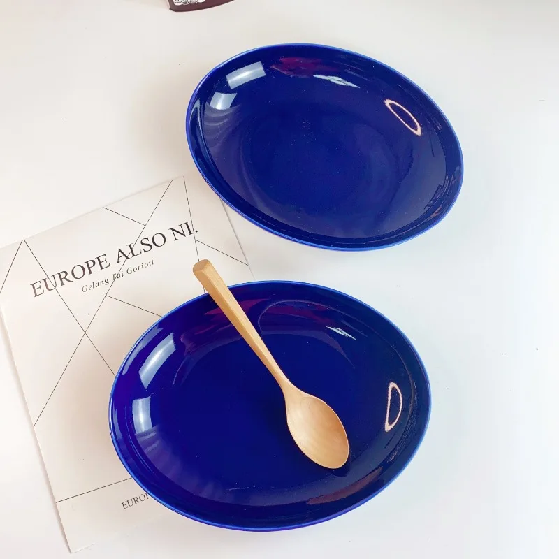 Ins Jiwu Blue Irregular Light Food Bowl Salad Bowl Korean Sapphire Blue Oval Fish Plate Deep Plate Ceramic Soup
