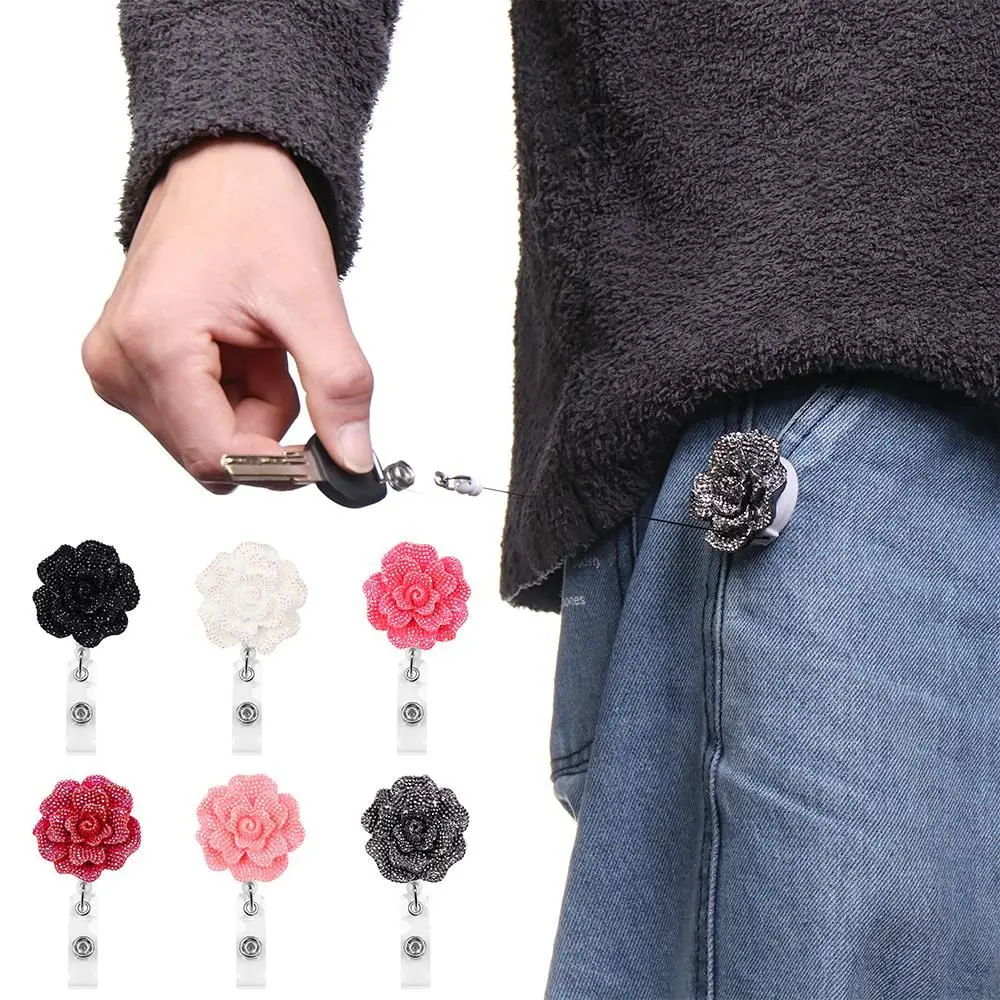 Elegant Floral Rose Badge Reel: Retractable ID Holder & Keychain Lanyard