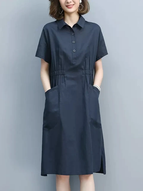 Summer Vintage Dresses for Women 2023 New Casual Loose Cotton Polo Collar Short Sleeve Office Lady Pleated Dresses Vestidos