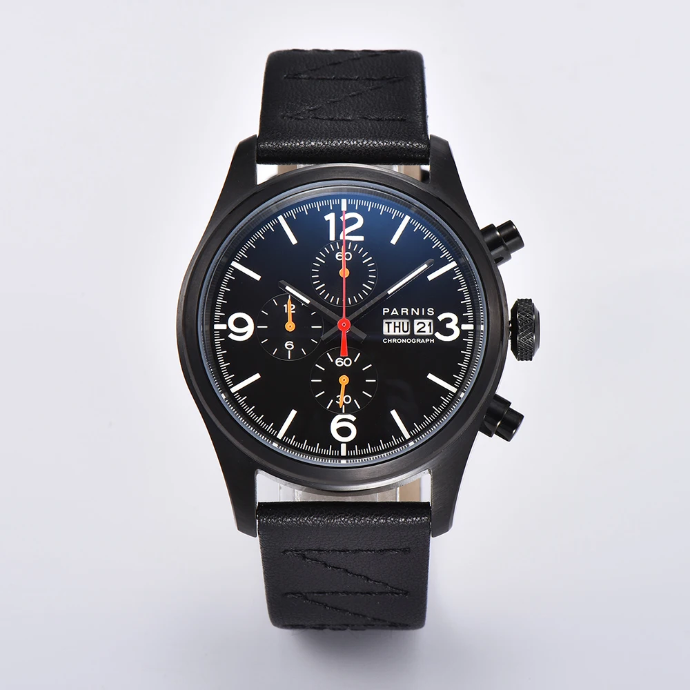 

2023 New Fashion Parnis 42mm Black Case Quartz Chronograph Men's Watches Leather Strap Week Display Watch For Men reloj hombre