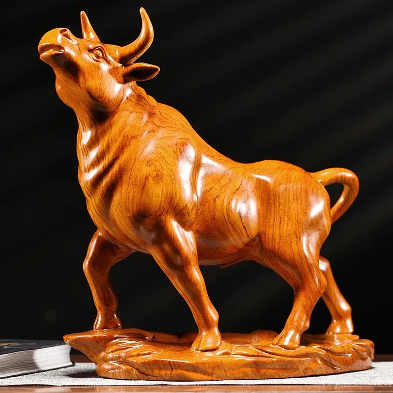 Hand Carved Red Sandalwood Wooden Bull Statue Figurine - Zodiac Ox