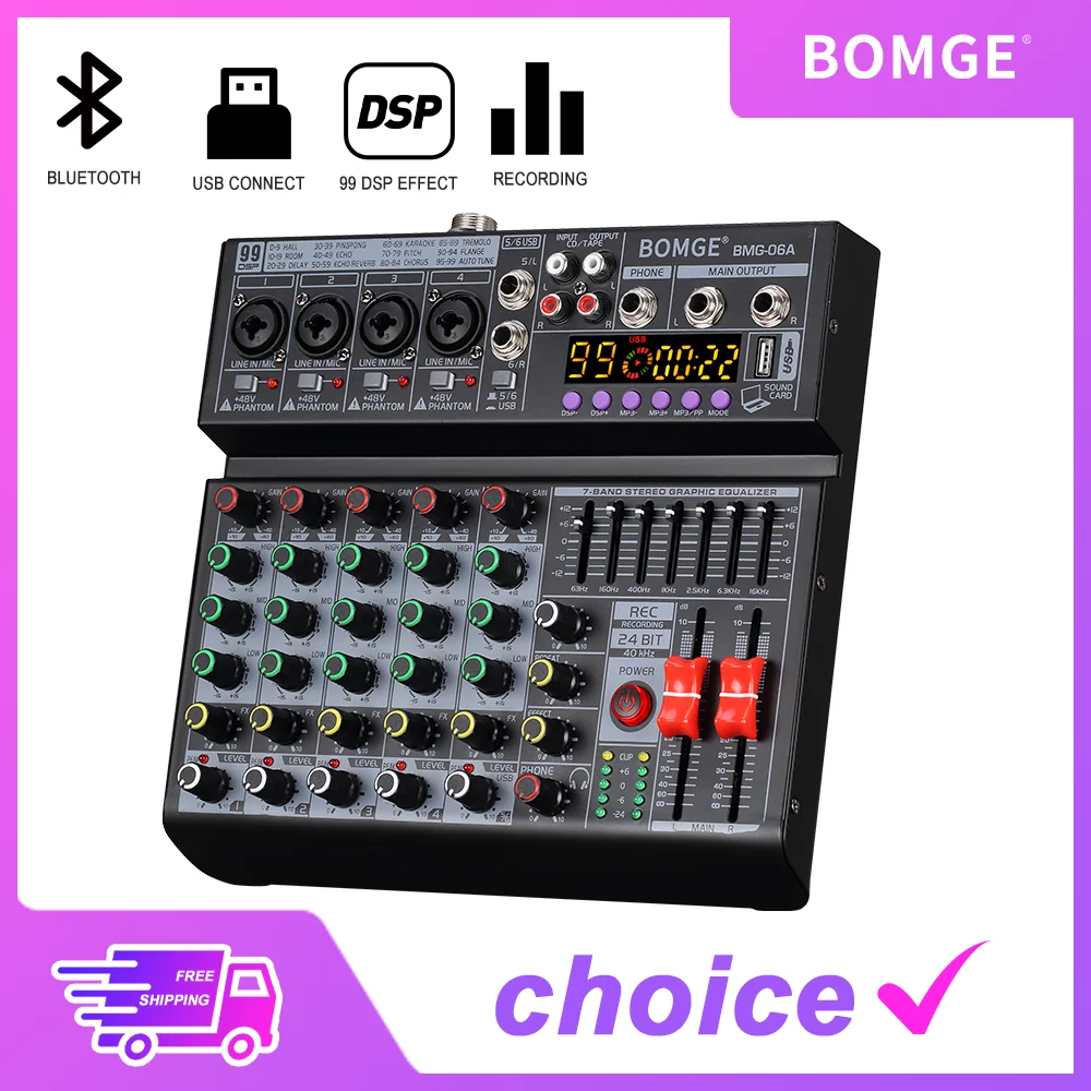 Professional metal 99DSP 6 Channel Recording Audio Mixer interface With USB 48V BT Sound Console Card for PC MP3 DJ karaoke
