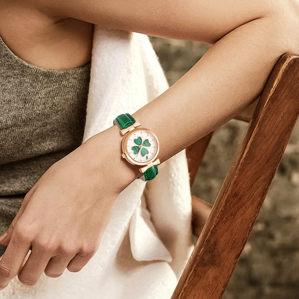 LUCKYFOX Simple and Fashionable Women's Watch Vintage Round dial Clover hollowed out black strap Quartz Watch Gift Relojes 5