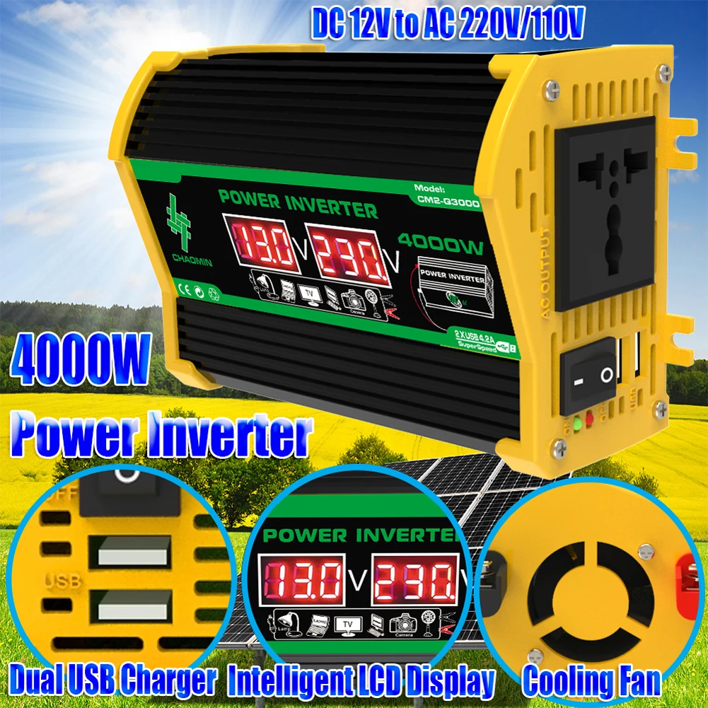 Intelligent Power Inverter 4000W 12V To 220V/110V Car Voltage Transformer Dual LCD Display Vehicle Smart Inverter for RV Caravan