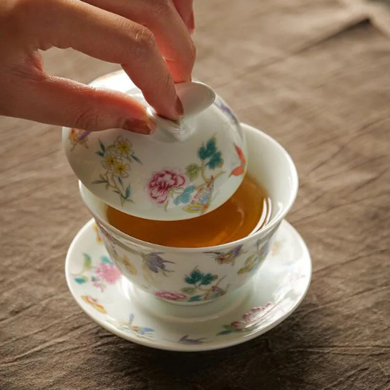Glazed Enamel Butterfly Lid Sancai Gaiwan Tea Tureen Kungfu Tea Cup Infuser Bowl Set Kitchen Teaware