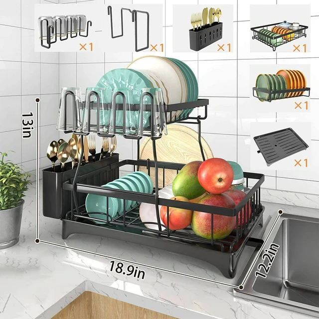 2 Tier Dish Rack and Drainboard, Large Capacity Dish Drainer