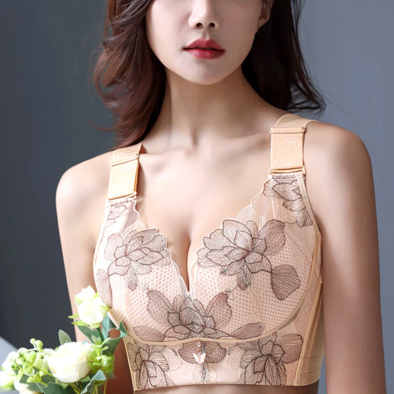 

Womens Lace Push Up Bra Plus Size Wireless Underwear 34 36 38 40 50 52 C D E Female Floral Deep V Sexy Adjustable Lingerie
