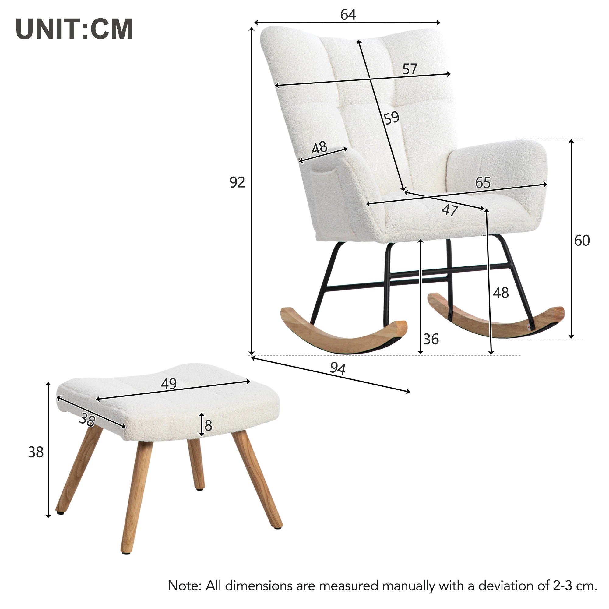KOMHTOM Ergonomischer Weißer Schaukelstuhl- Sitzbreite 65 cm inkl. Fußhocker (49x38x38 cm), stabiler Gummiholzrahmen – Detail 11