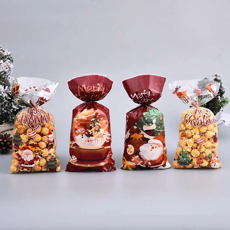 

500pcs Christmas Candy Bags Plastic Gift Bag Cookie Chocolate Packaging Pocket Xmas Packing Bags With Tie-Wraps 13X27.5cm