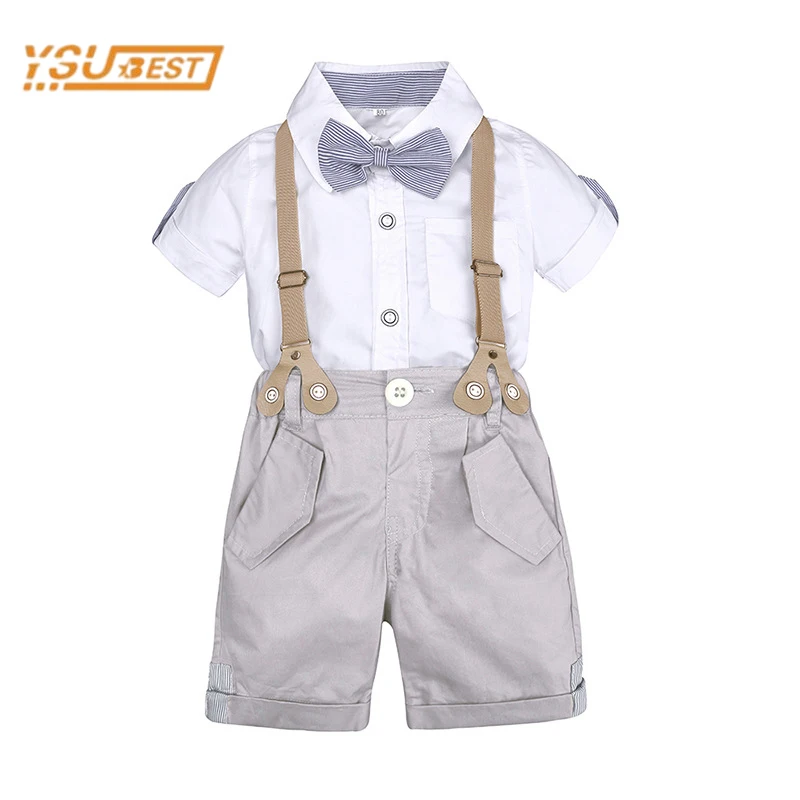 

Infant Kids Baby Boys Gentleman Clothes Set Toddler Boys Short Sleeve Solid Color Shirt + Straps Shorts 2Pcs Children's Suit