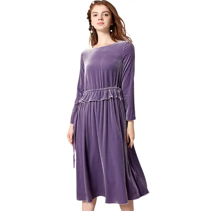 

Модное женское Плиссированное велюровое платье с длинным рукавом, женское шикарное элегантное роскошное зимнее бархатное платье