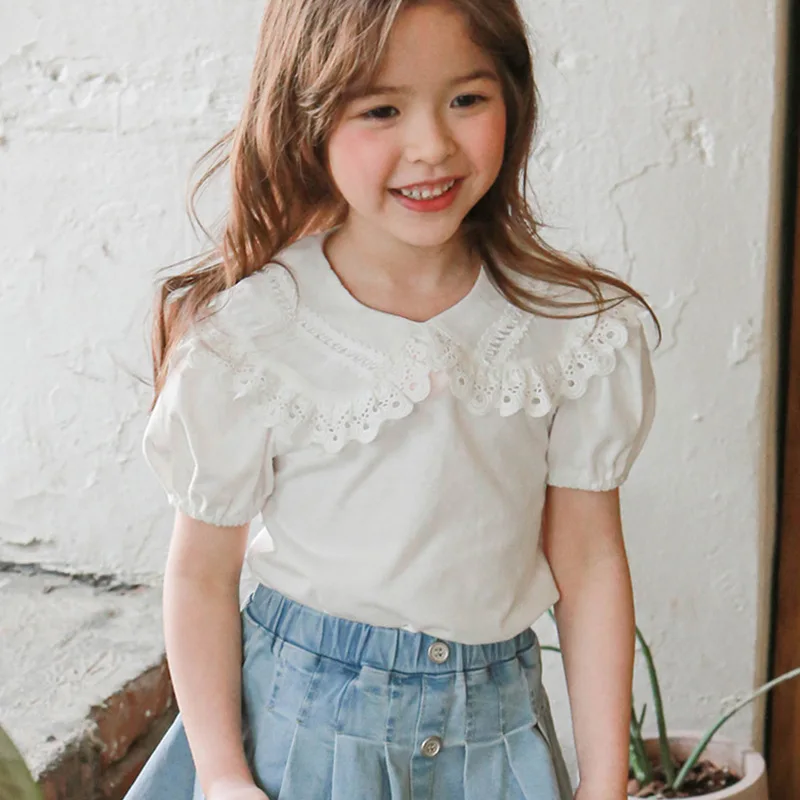 

2024 Summer Strawberry Shan Korean Children's Clothing Children Girl Lace Large Lapel T-shirt Spot Zhengm