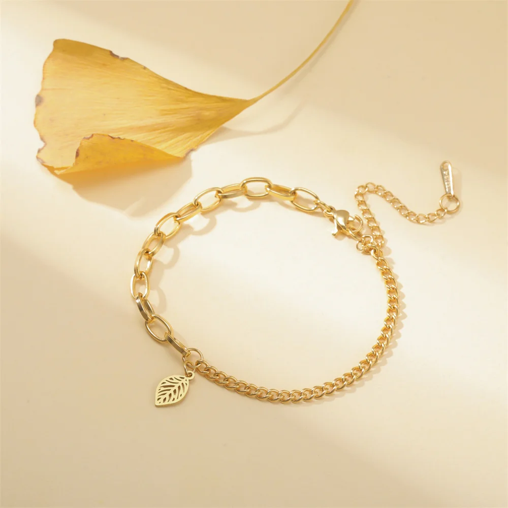 My Shape Hohle Blätter Armbänder Edelstahl für Frauen Mädchen Geschenke Pflanze Blatt Anhänger Kette Hand kette Armreif Sommers chmuck – Detail 37